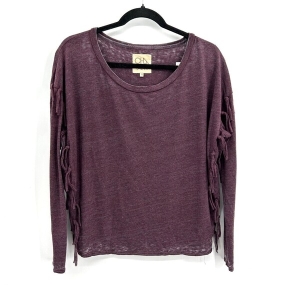 NWT CHASER Sangria Burgundy Open Neck Fringe Side Long Sleeve Boho Top Medium - Picture 1 of 4